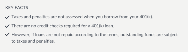 401k loan - Taxes and penalties are not assessed when you borrow from your 401(k).